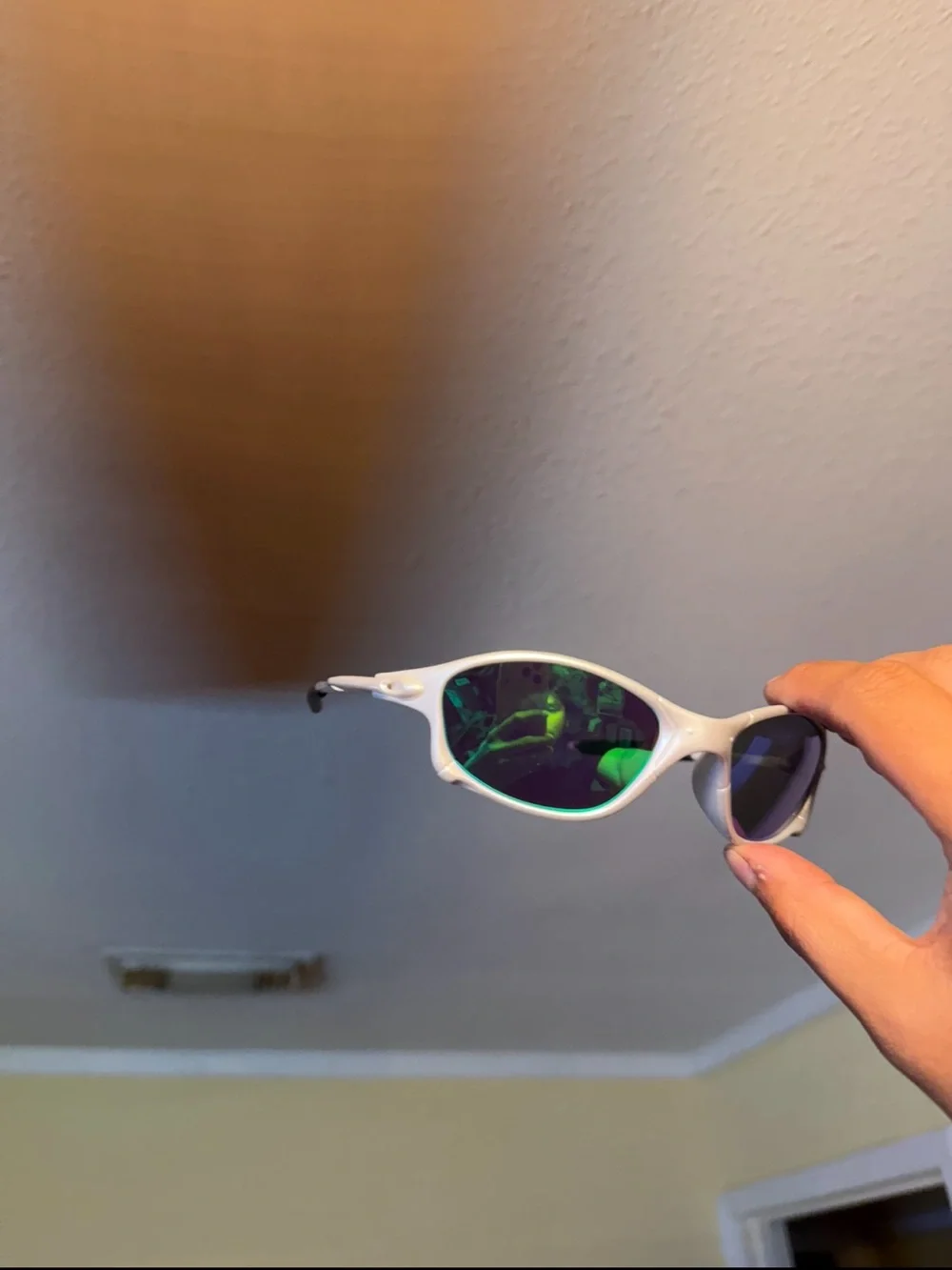 White Frame Sunglasses with Green Mirrored Lenses Oakleys